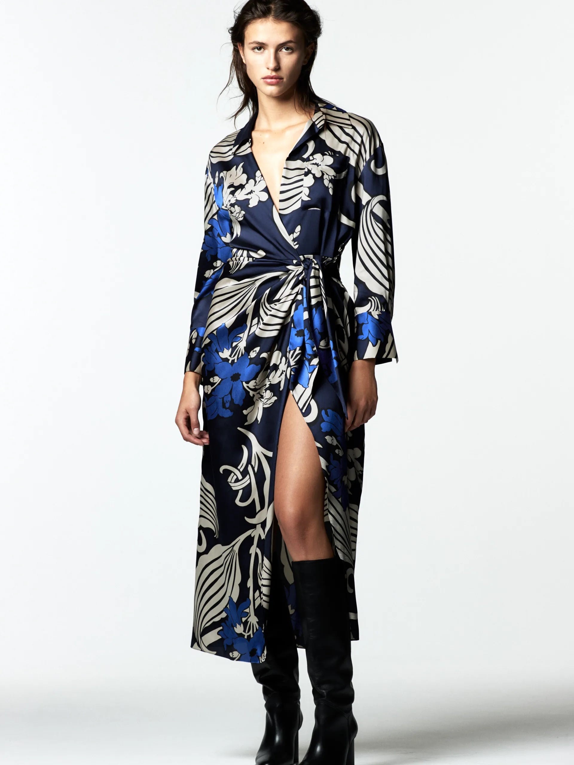 Zara Navy Blue Floral Wrap Midi Dress With Cream Accents